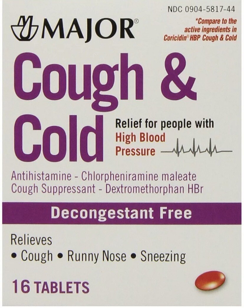 6 PACK- MAJOR Cough & Cold HBP 16ct (Compare to Coricidin HBP) Exp 2024