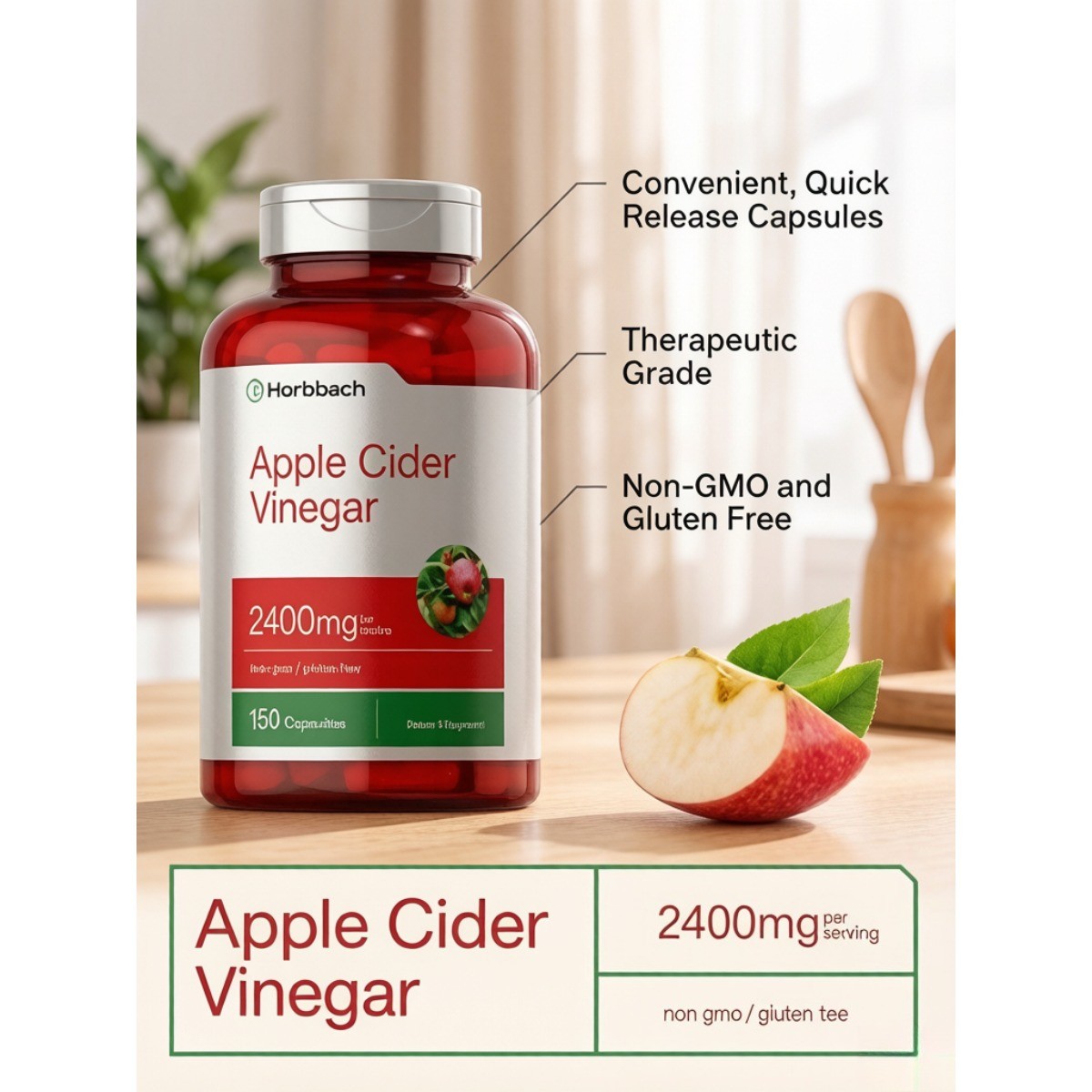 Horbäach Apple Cider Vinegar 2400mg – 150 Caps, Non-GMO & Gluten Free