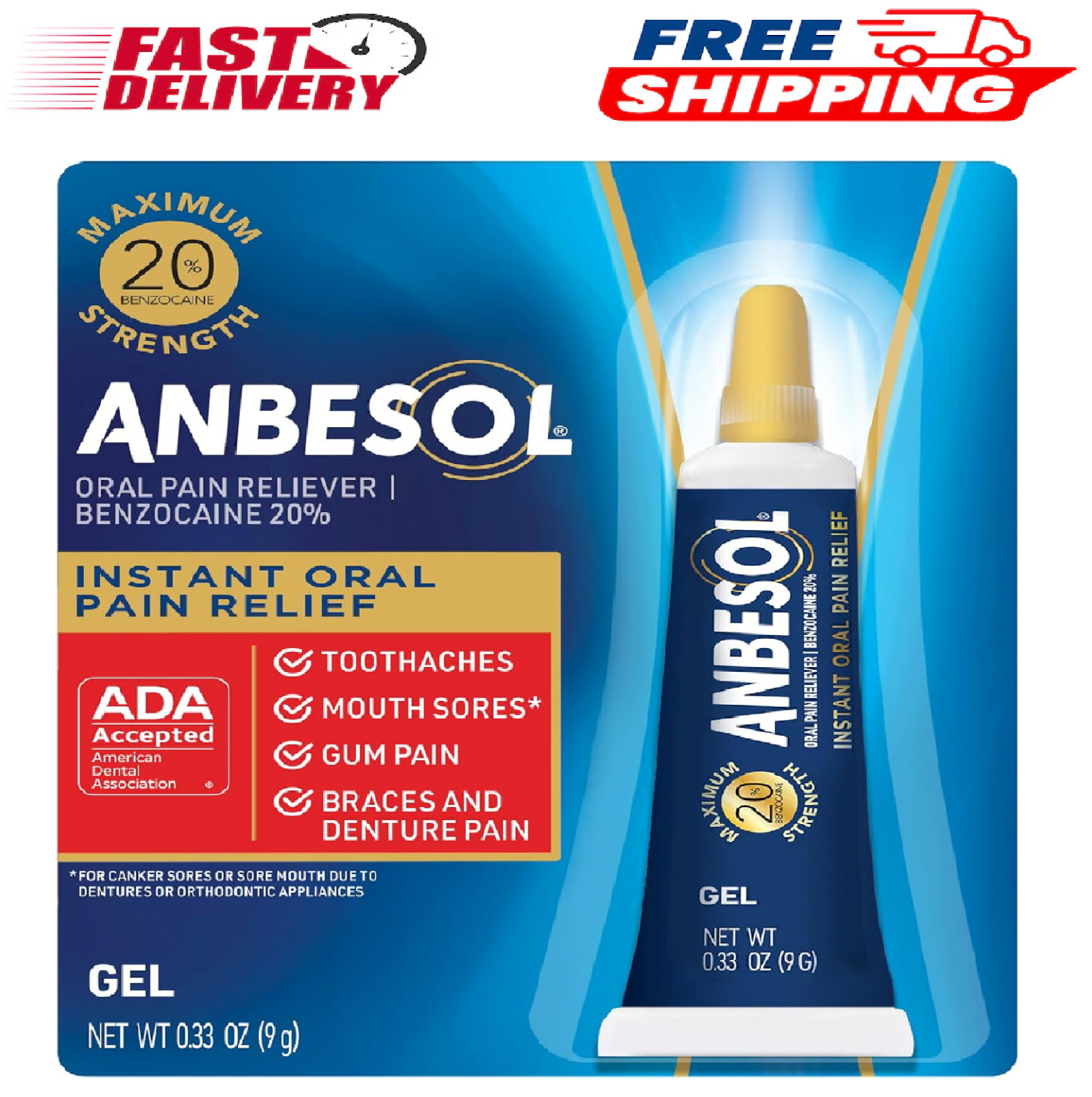 Anbesol Gel Maximum Strength – Instant Oral Pain Relief for Toothaches, 0.33 oz.