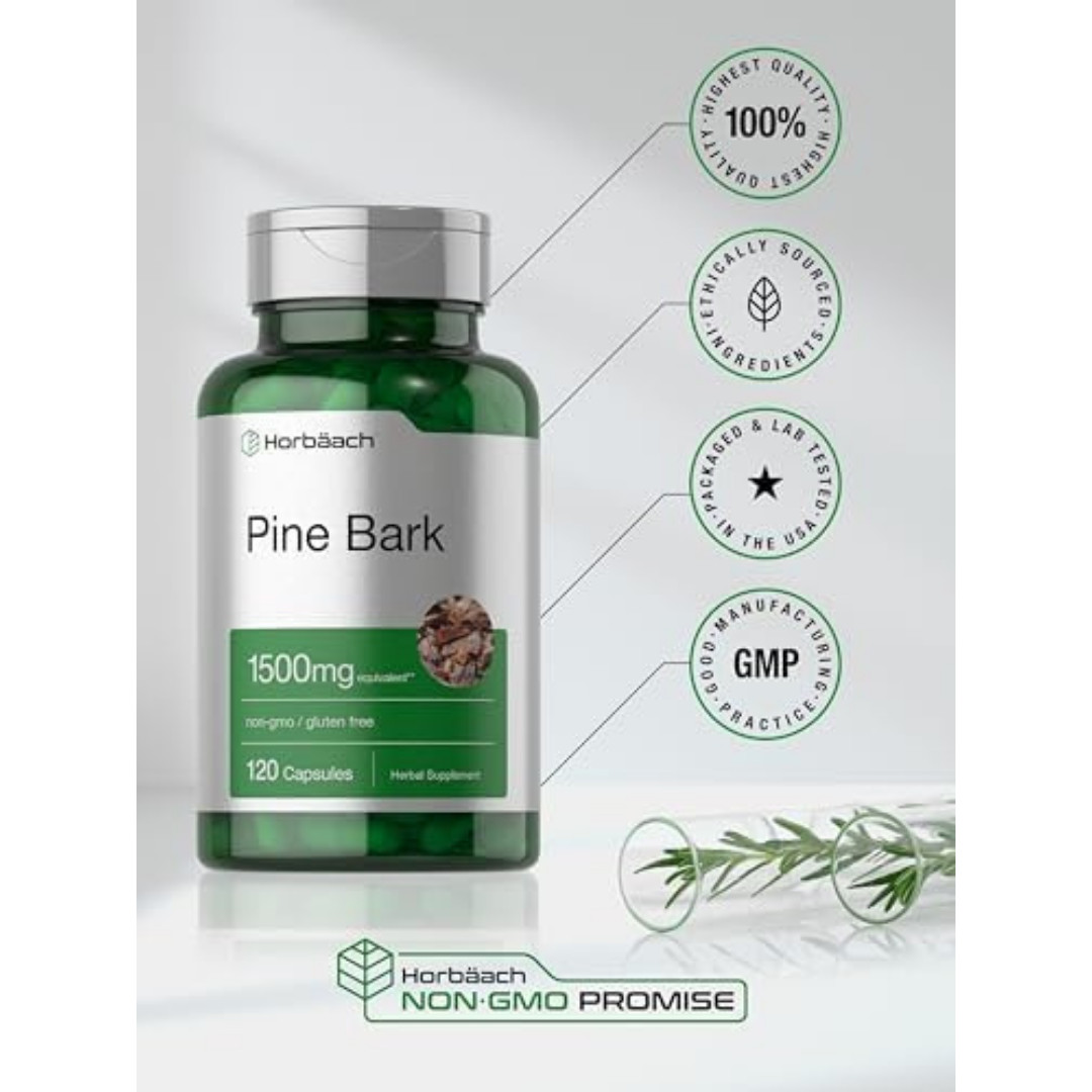 Horbäach Pine Bark Extract Capsules 1500Mg, 120 Count, Non-Gmo and Gluten Free