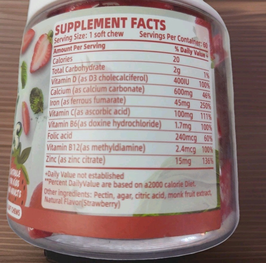 Strawberry Fusion Iron 45mg Vitamin C Soft Chews Daily Multivitamin Kids Adults