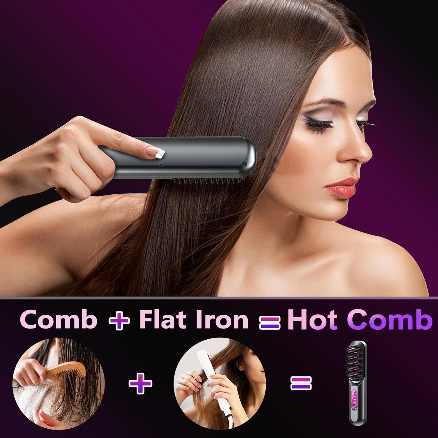 Cordless Hair Straightener Brush Ionic Ceramic Hot Comb Women Thick Curly Hair