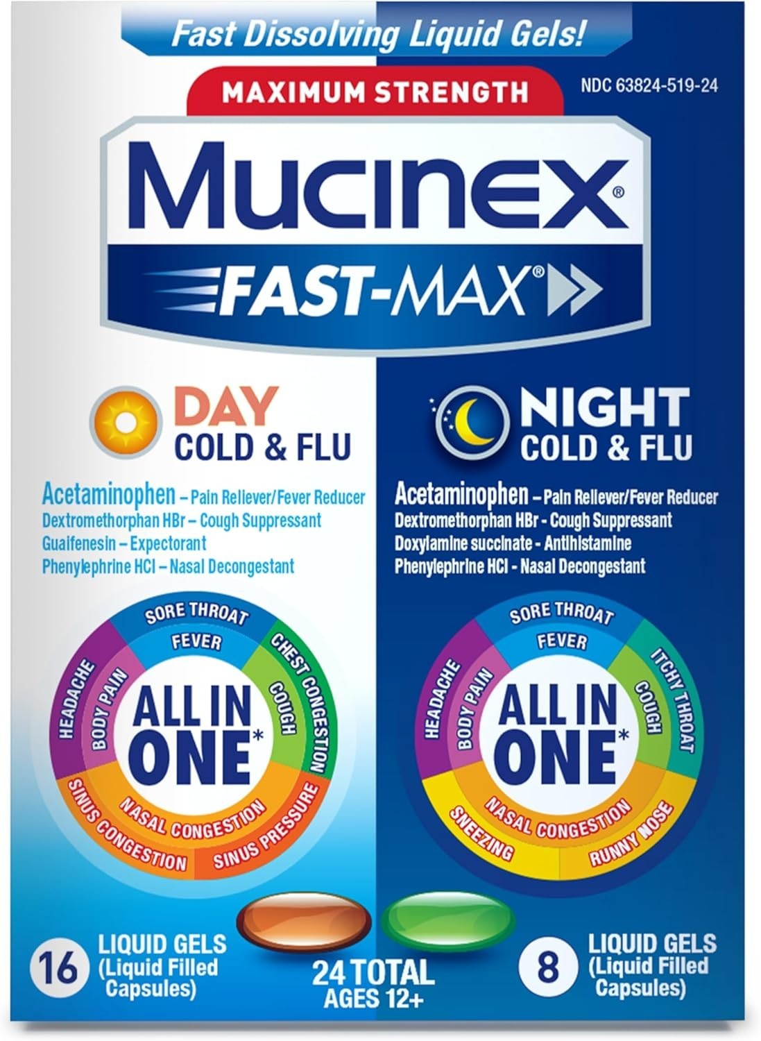 Mucinex Fast-Max Day/Night Cold & Flu Liquid Gels 24ct EXP 8/26 NEW SEALED BOX