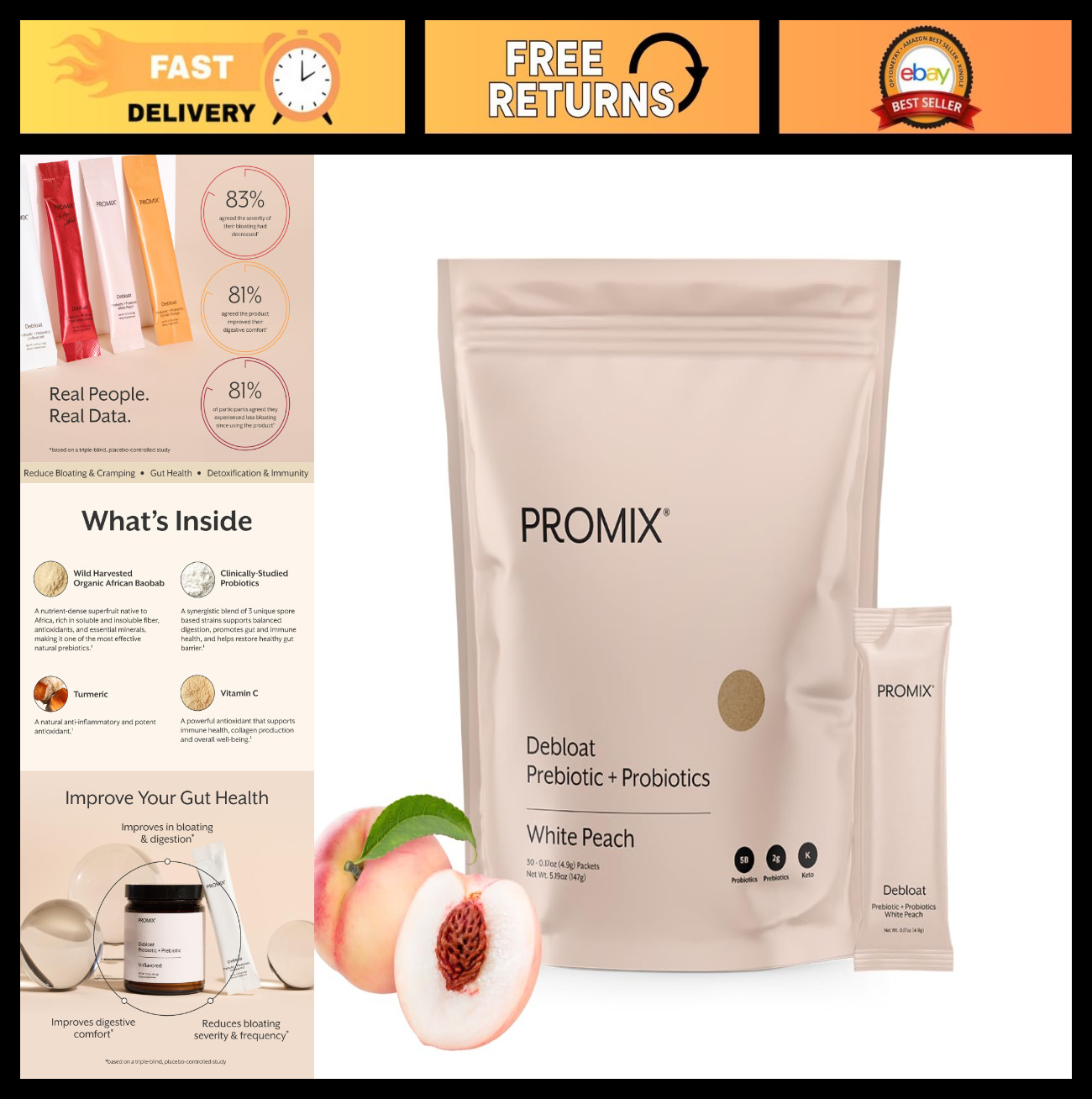 Gut Health Debloat Powder – White Peach Flavor, 30 Count – Digestive Support Sup