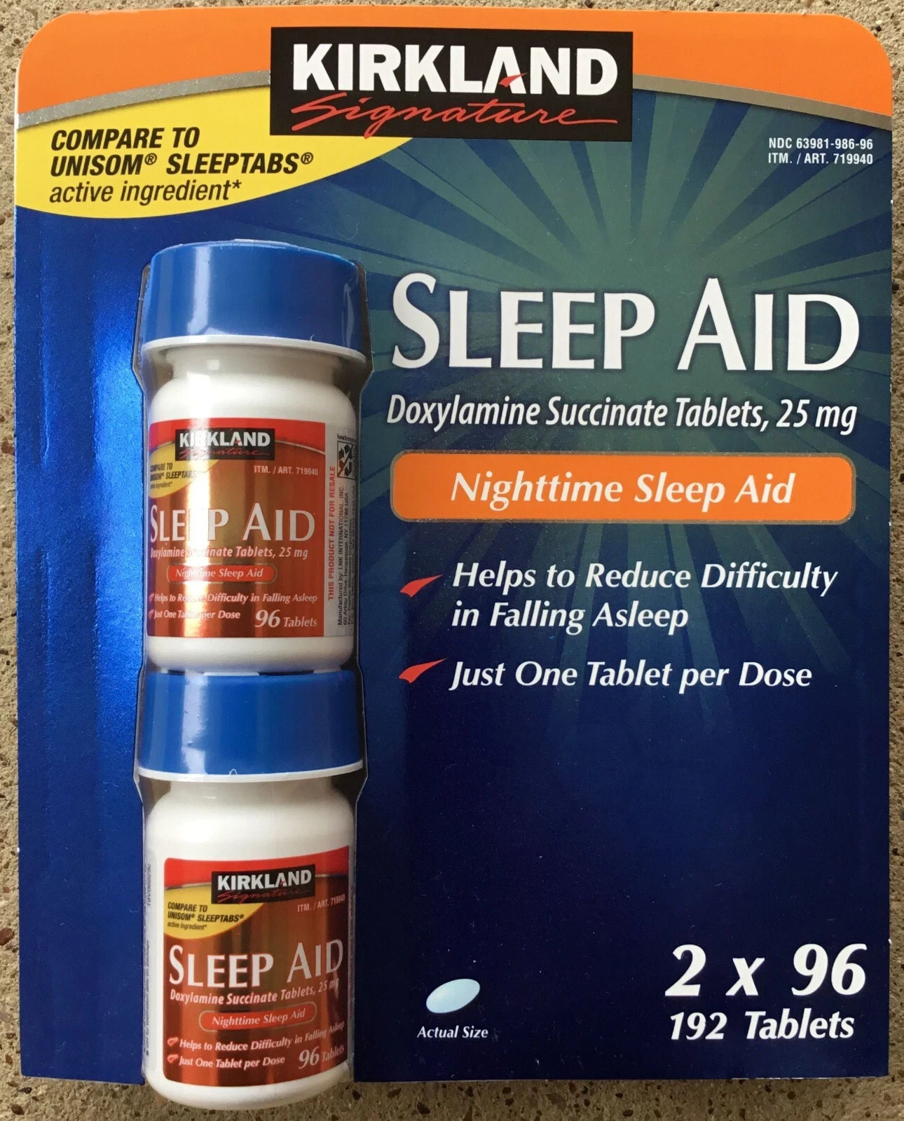 Kirkland Signature Sleep Aid Doxylamine Succinate 25mg 2×96 Tablets SALE