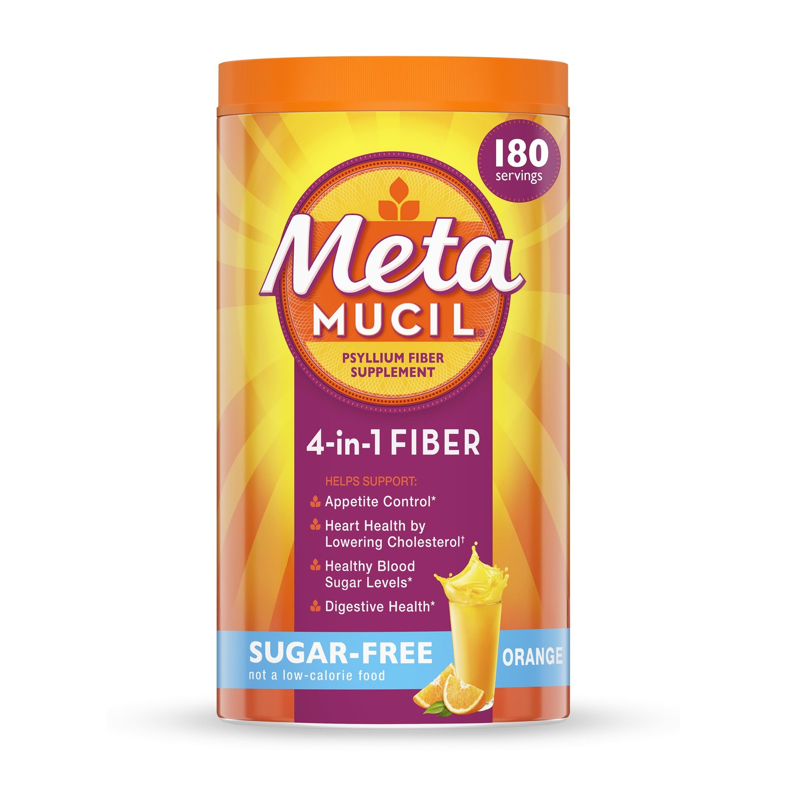 4-in-1 Psyllium Husk Fiber Supplement, Sugar-Free, 180 teaspoons, Orange Flavore