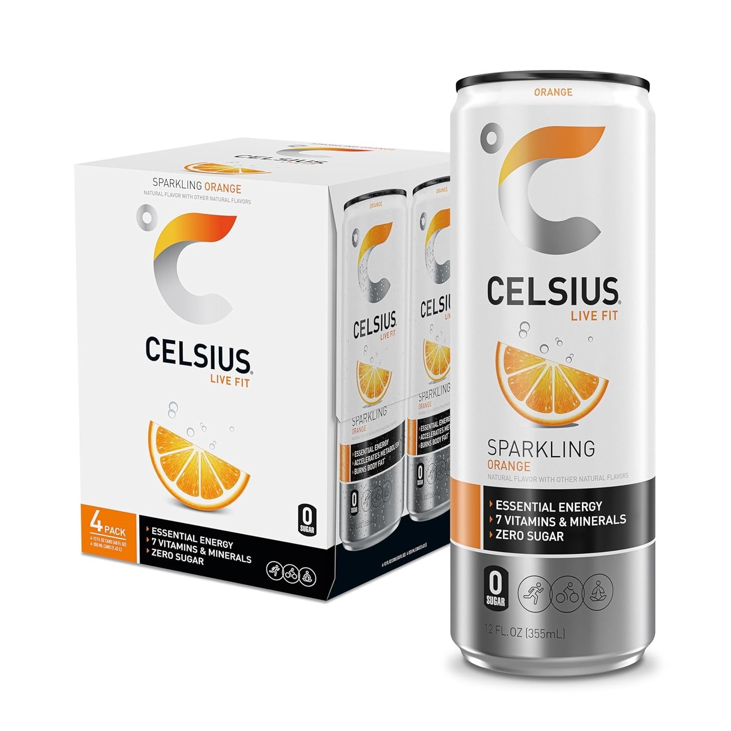 CELSIUS Sparkling Orange, Sugar Free Energy Drink, 12 Fl Oz (Pack of 4)