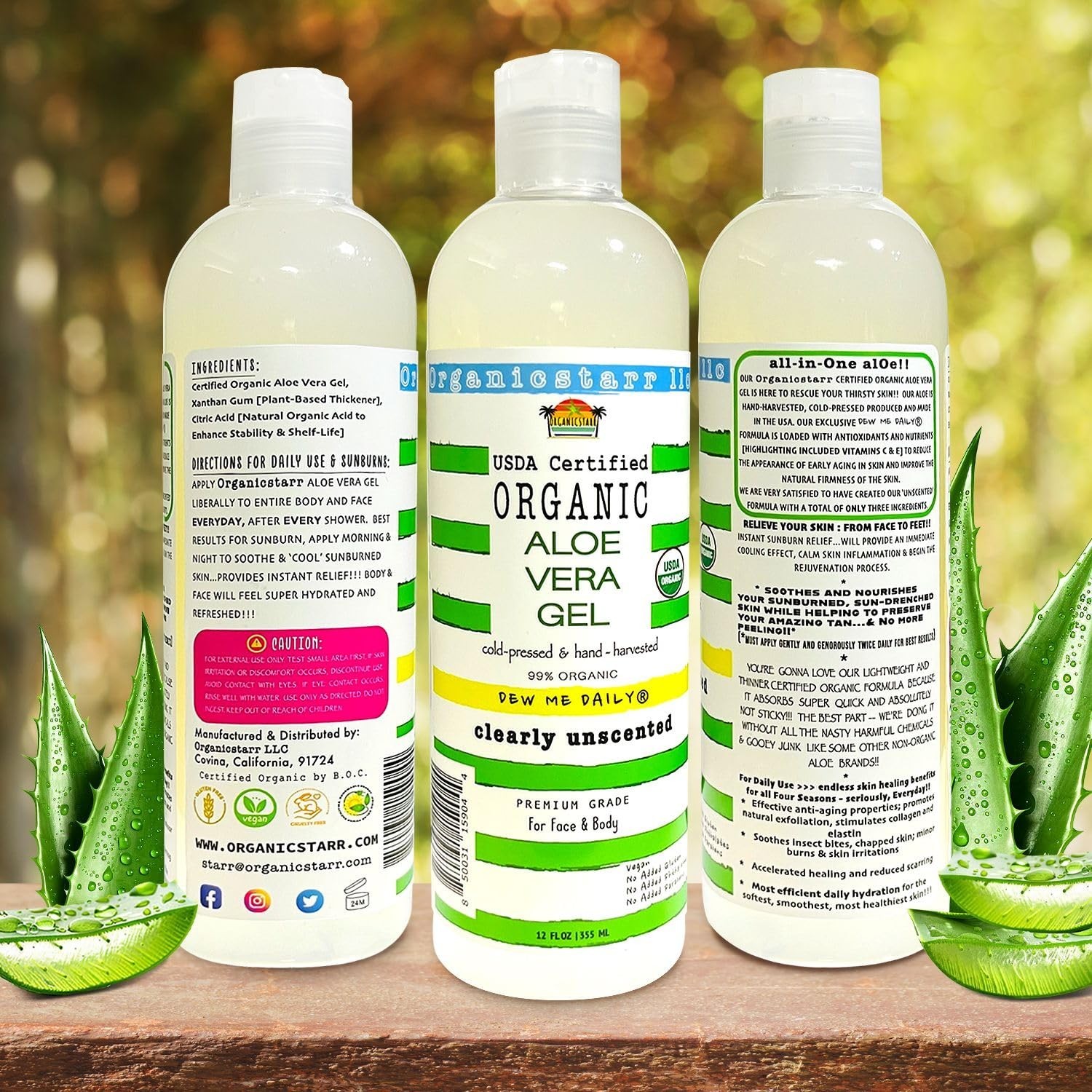 DEW ME DAILY®️ Organicstarr USDA Certified Organic Aloe Vera Gel 12oz./355ml.