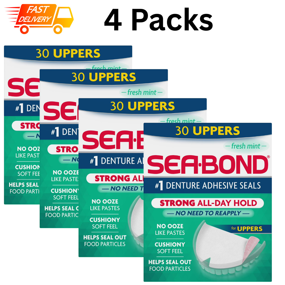 Sea Bond Denture Adhesive Seals Uppers Fresh Mint Zinc Free 30 Ct 4 Pack