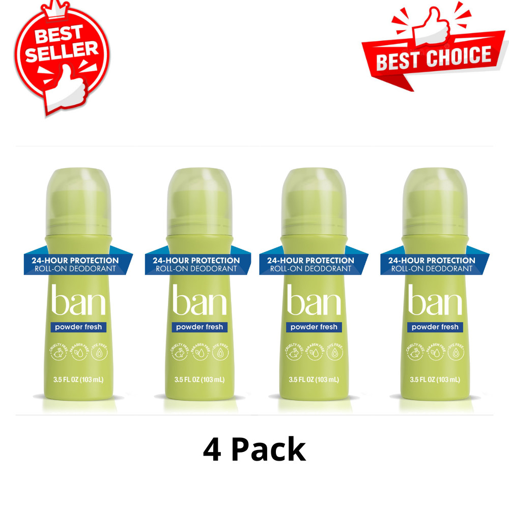 Ban Powder Fresh Antiperspirant Deodorant Invisible Roll-On, 3.5 oz (Pack of 4)