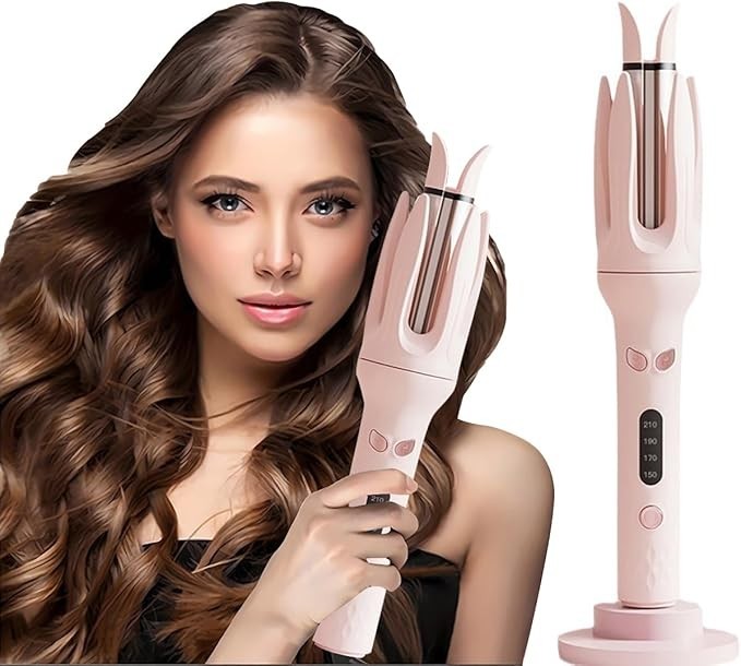 Rotating Curling Iron Automatic with 4 Temperature 3 Timer for Hair Pink Curling