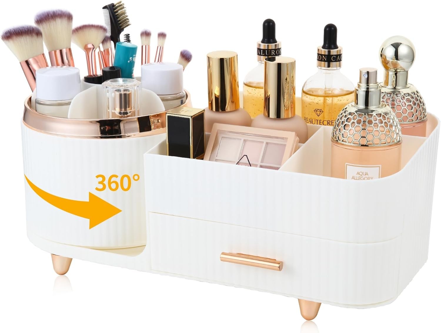 Makeup Organizer Countertop with Drawer 360 Rotating Brush Holder Storage Large
