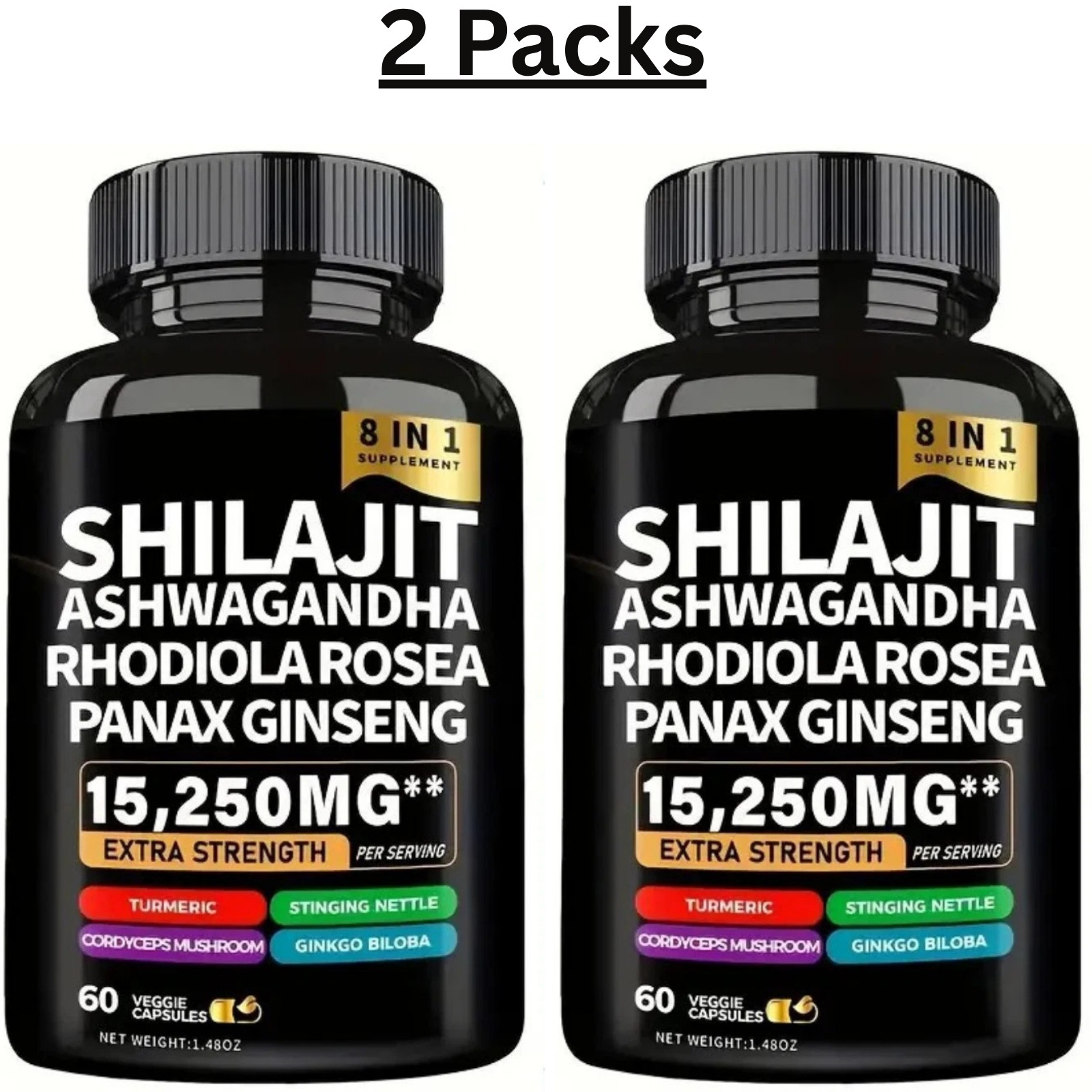 2 Pcs Shilajit, Ashwagandha, Rhodiola Rosea, Panax Ginseng; 8 in 1 Supplement