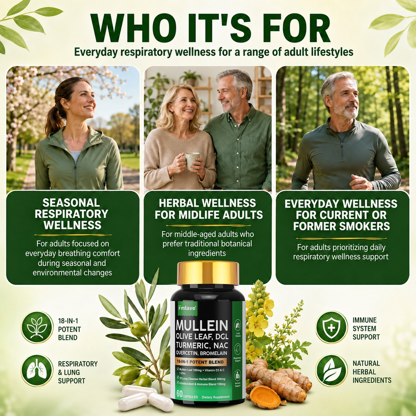Mullein Leaf Capsules for Lung Cleansing & Detox Herbal Dietary Supplement 18in1