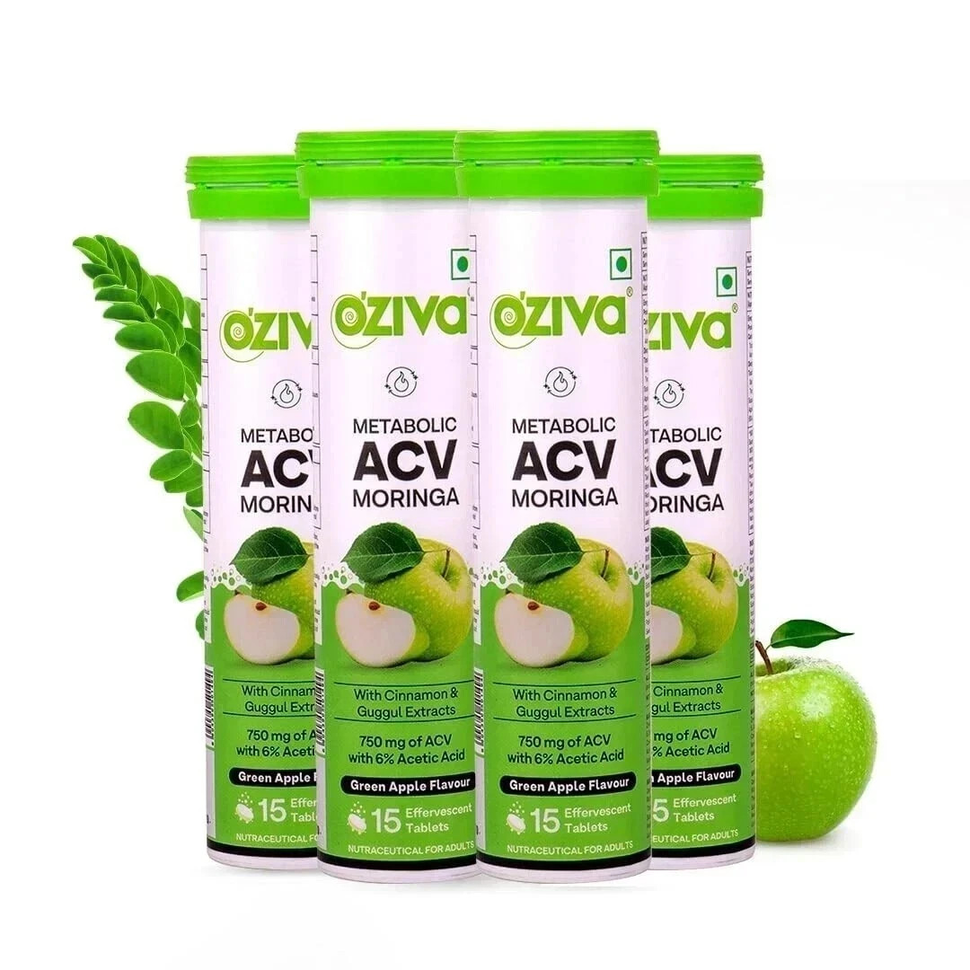 OZiva ACV Moringa Effervescent Tablets Green 15 Tablets 4 Pack