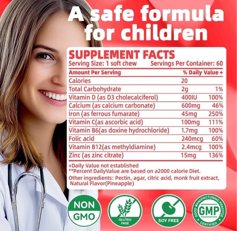 Strawberry Fusion Iron 45mg Vitamin C Soft Chews Daily Multivitamin Kids Adults