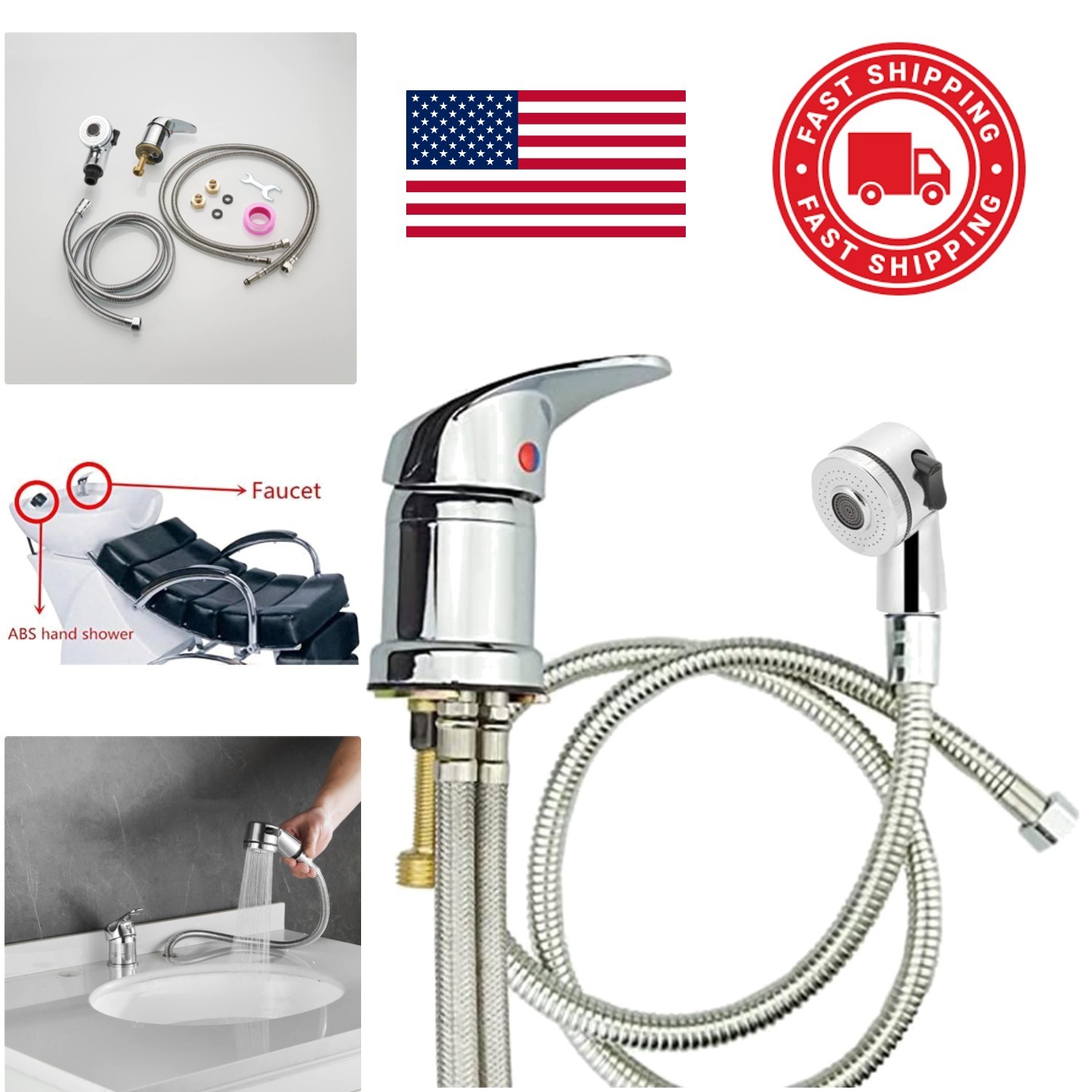 Salon Shampoo Bowl Faucet with Hose and Adjustable Shower Spray Head Chrome