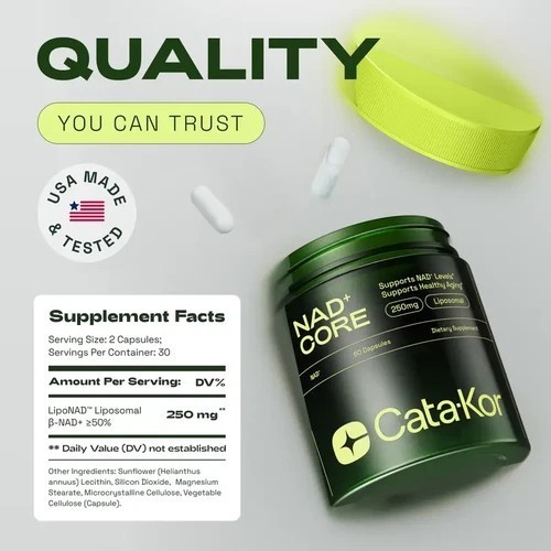Cata-Kor NAD+ Core Liposomal Supplement 250mg, 60 Capsules for Healthy Aging