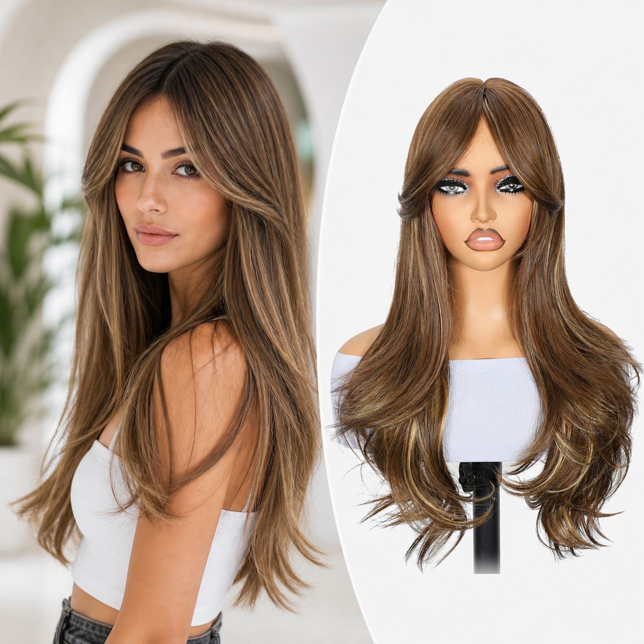 Brown Highlight Long Wig With Curtain Bangs Layered Synthetic Full Wig for Women