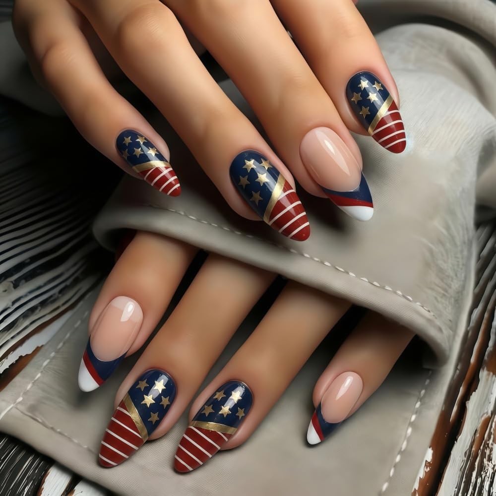 24Pcs Independence Day Press on Nails Long Almond Dark Red Fake colorful