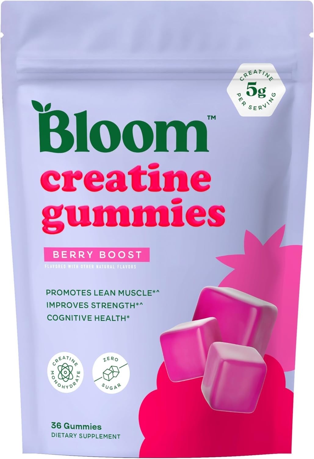 Exp 06/27 Bloom Monohydrate Gummies 5g/Serving Sugar Free Berry 36 Count