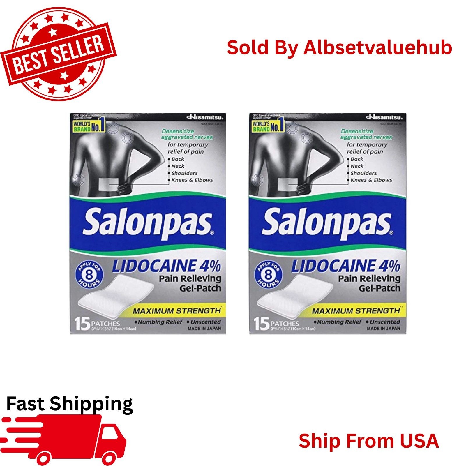 Salonpas Lidocaine Pain Relieving Maximum Strength Gel Patch 15 Count Pack OF 2