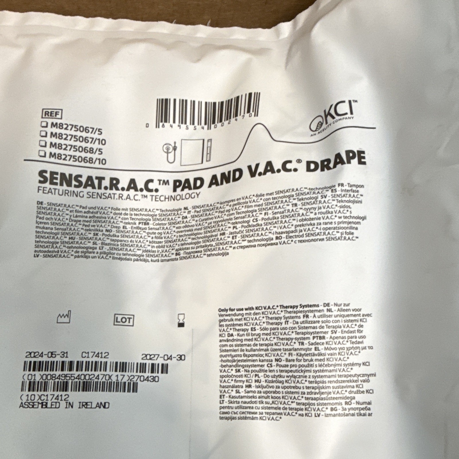 KCI SENSAT.R.A.C Pad & V.A.C. Drape Sterile White Size 10 M8275068/10 10 EACH