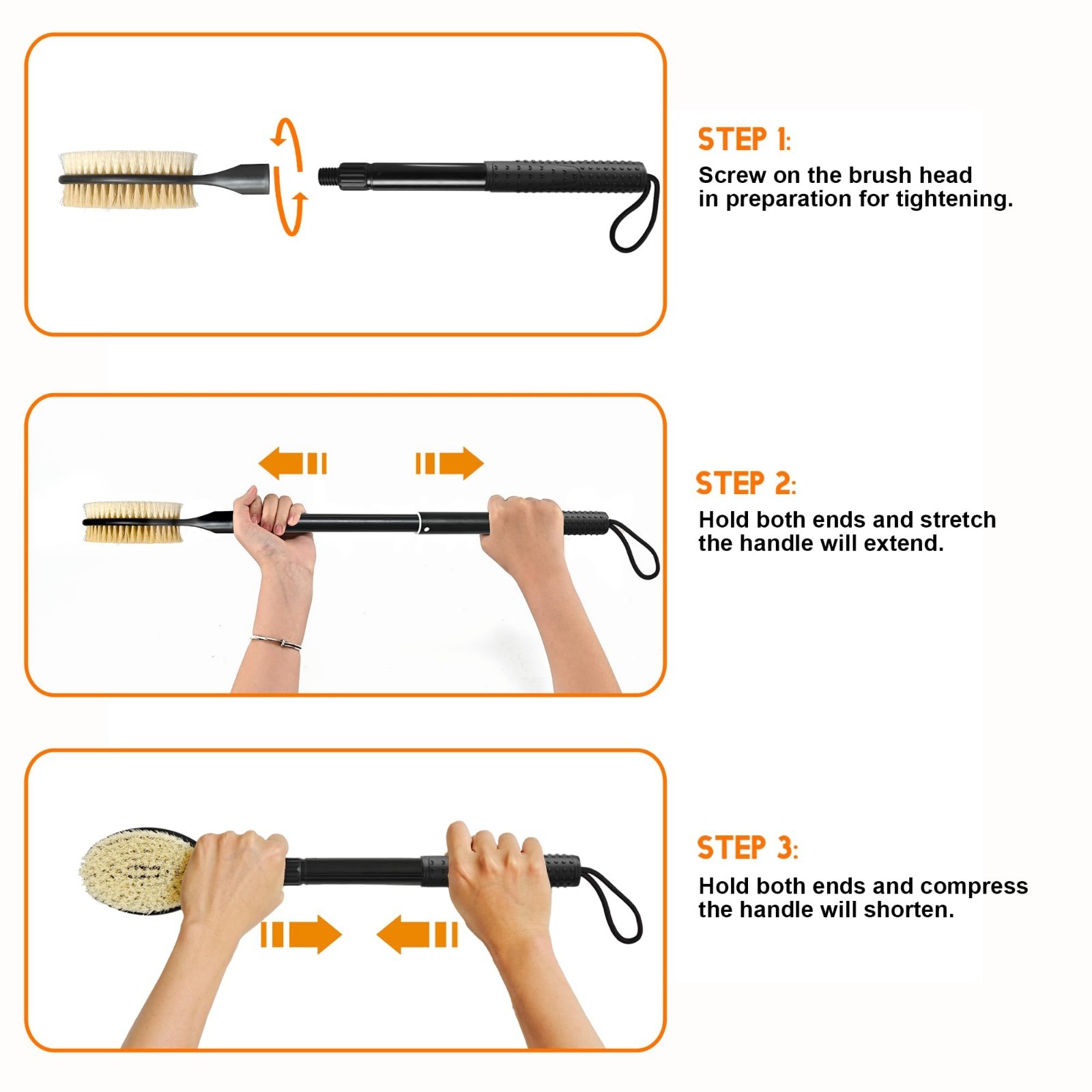 Dual-Sided Back Scrubber with Soft & Stiff Bristles, 17”-25” Long Handle Body