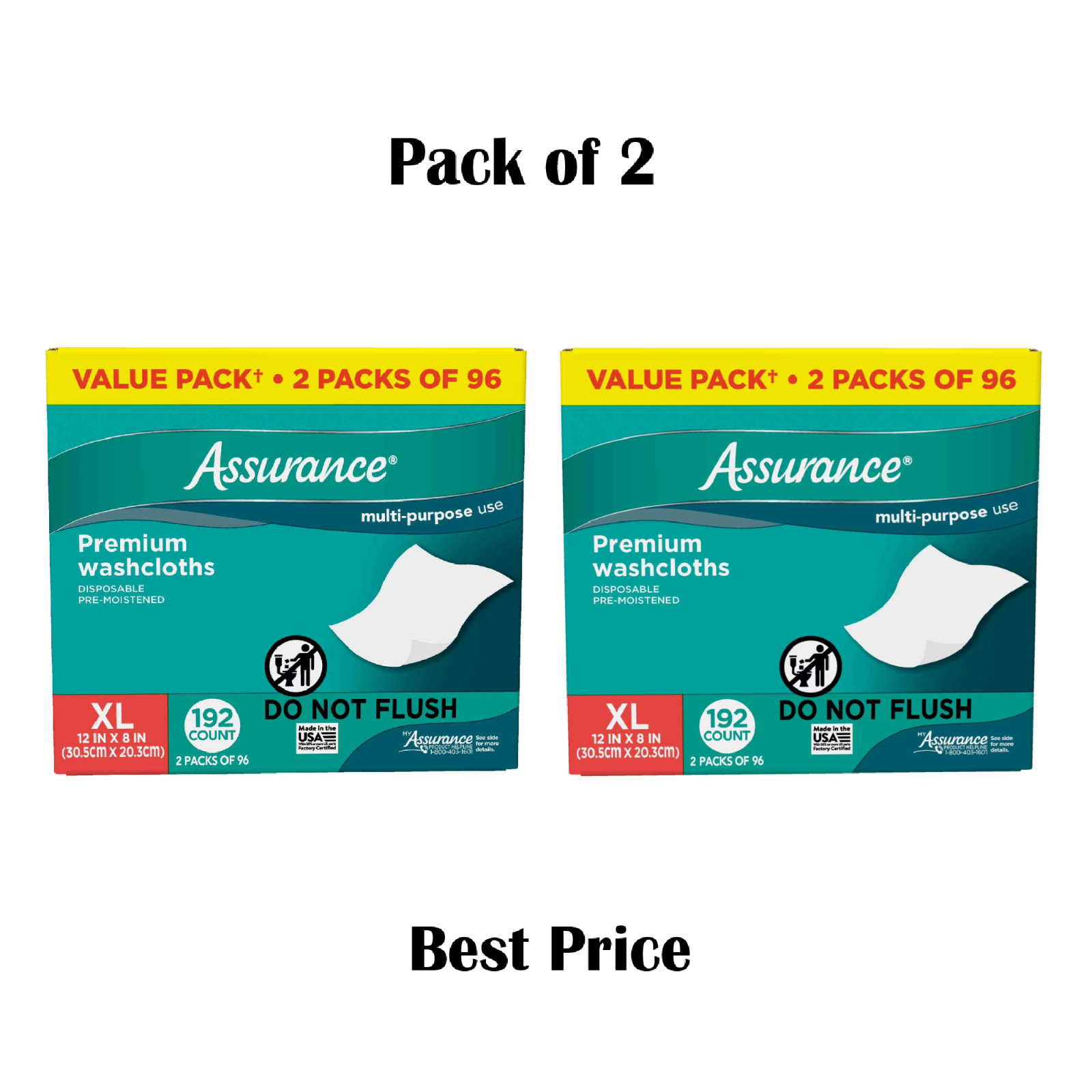 Assurance Premium Disposable Washcloths Pre-Moistened Body Wipes, XL, 192 Ct 2Pk