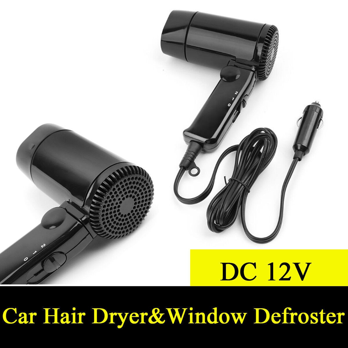 Portable 12V Car Hair Dryer Window Defroster Cigarette Lighter Plug Hot & Cold