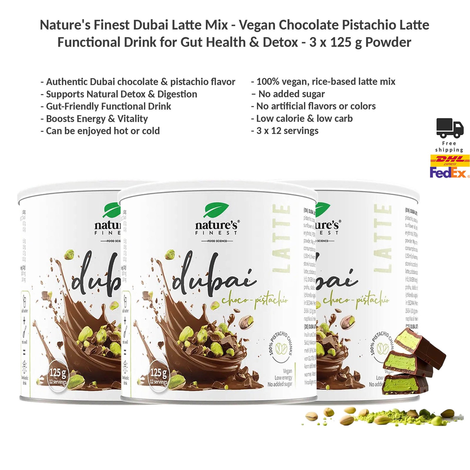 Nature’s Finest Dubai Latte Mix Vegan Chocolate Pistachio 3x125g Powder