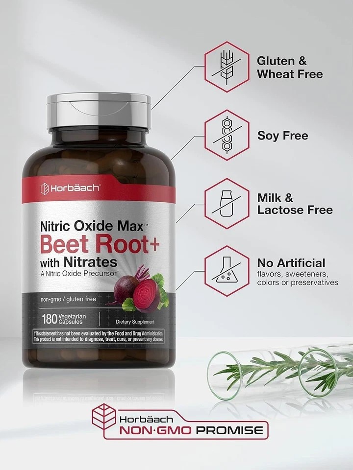 Nitric Oxide Beet Root Capsules | With Nitrates | 180 Count | Horbaach by