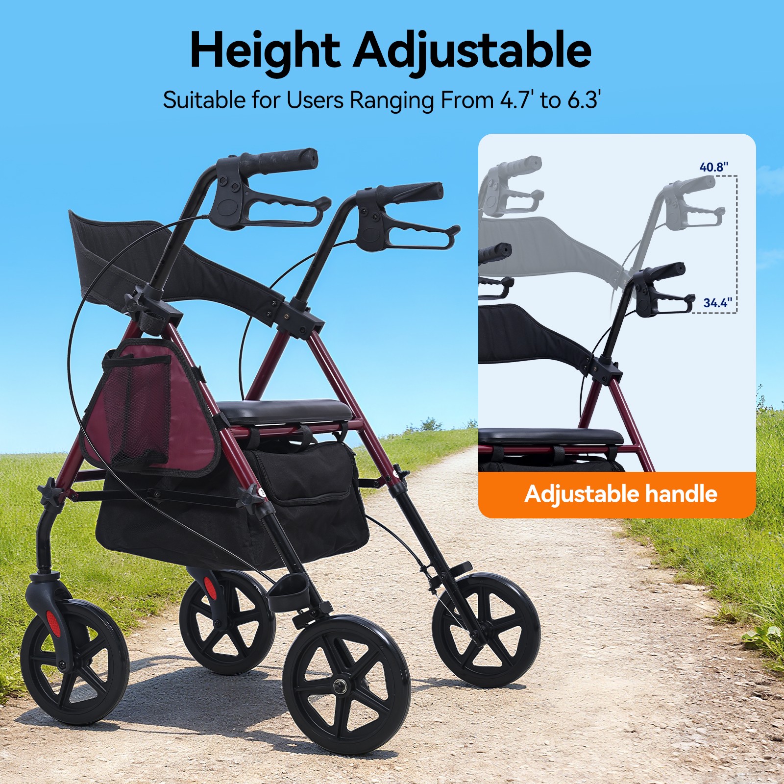 ByteTecpeak R4 foldable lightweight rollator with seat, brakes & bag, 4-wheel