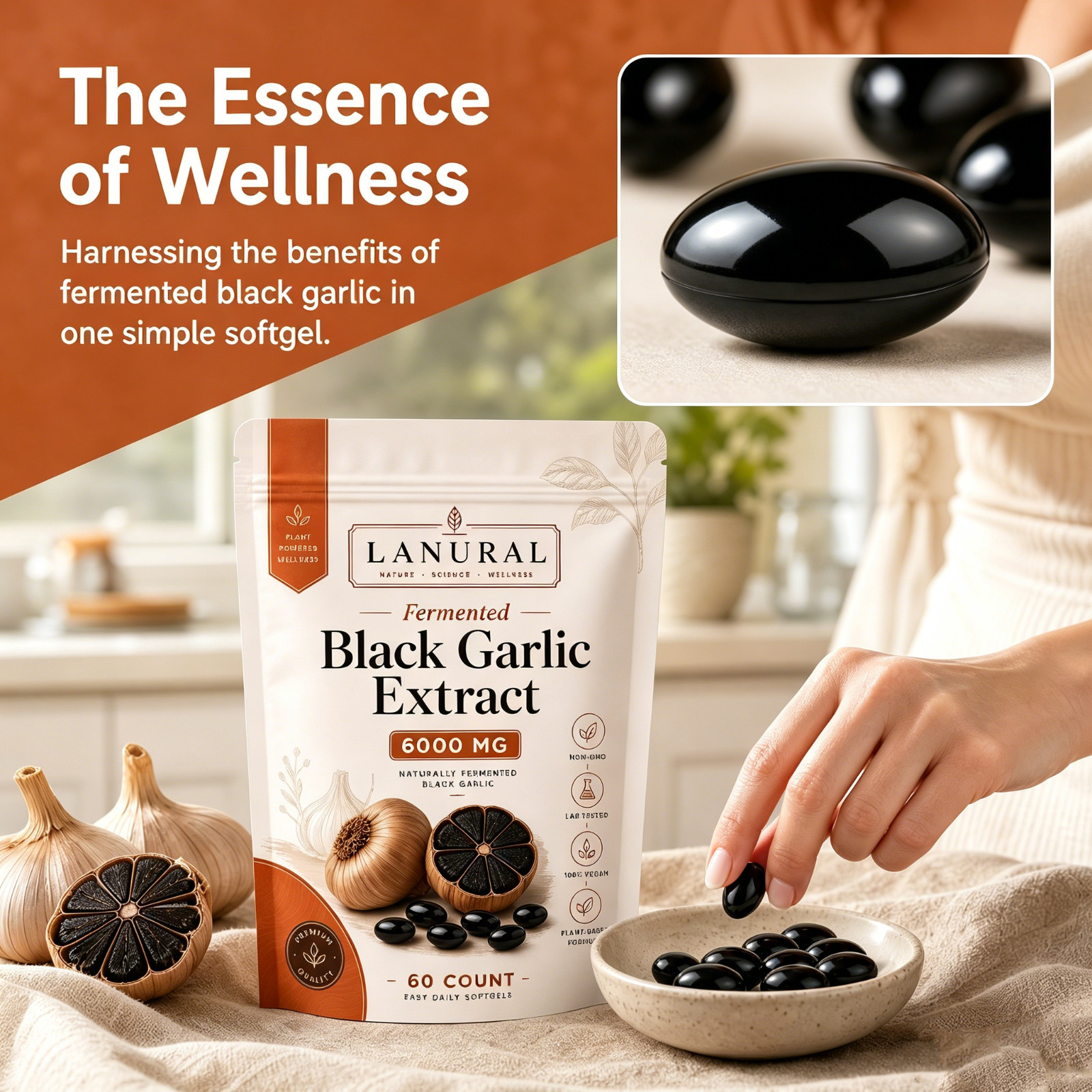 Lanural Fermented Odorless Garlic, Black Capsules, 60 Count