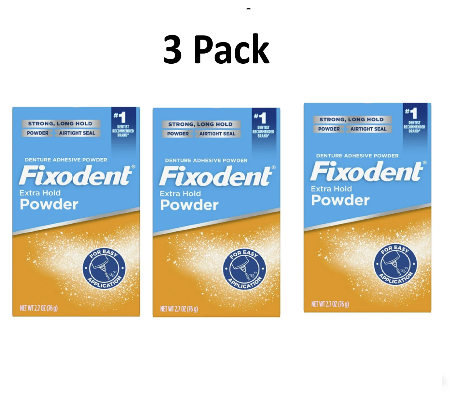 3 Pack Fixodent Extra Hold Denture Adhesive Powder, 2.7 oz