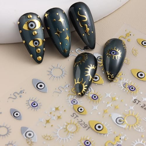 6 Sheets Evil Eye Nail Stickers for Nail Art,Gold Silver Metallic Evil Style-25