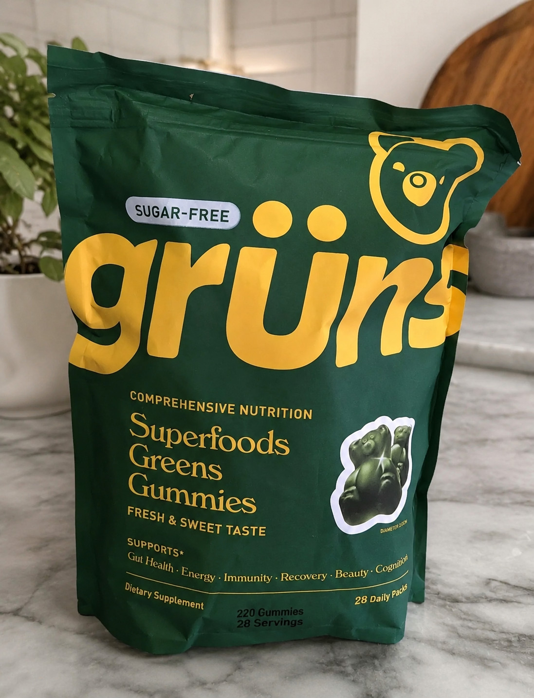 Gruns Adults Super Greens Gummies SUGAR free Superfood Gummy Bears 28 Packs