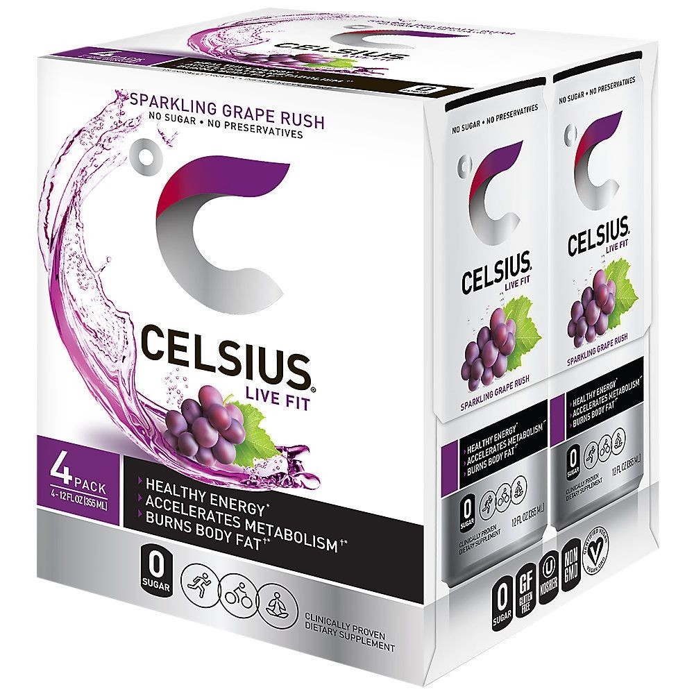 CELSIUS Sparkling Grape Rush, Functional Energy Drink 12 fl oz Can (Pack of 4)