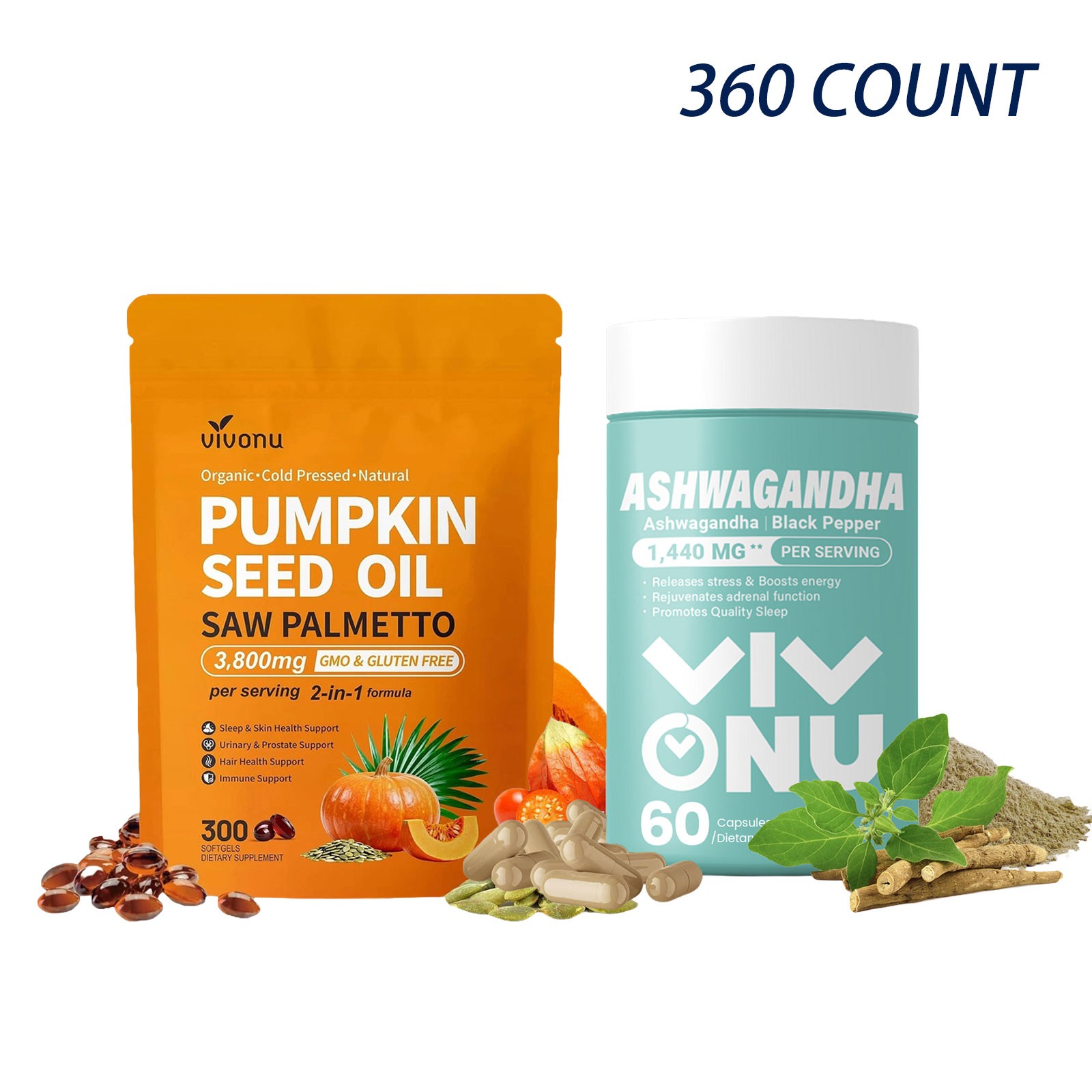 VivoNu Pumpkin Seed Oil with Saw Palmetto + Ashwagandha Softgels Immune Support