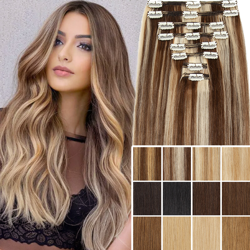 10-24″ Double Weft Clip in 100% Remy Human Hair Extensions Full Head THICK US
