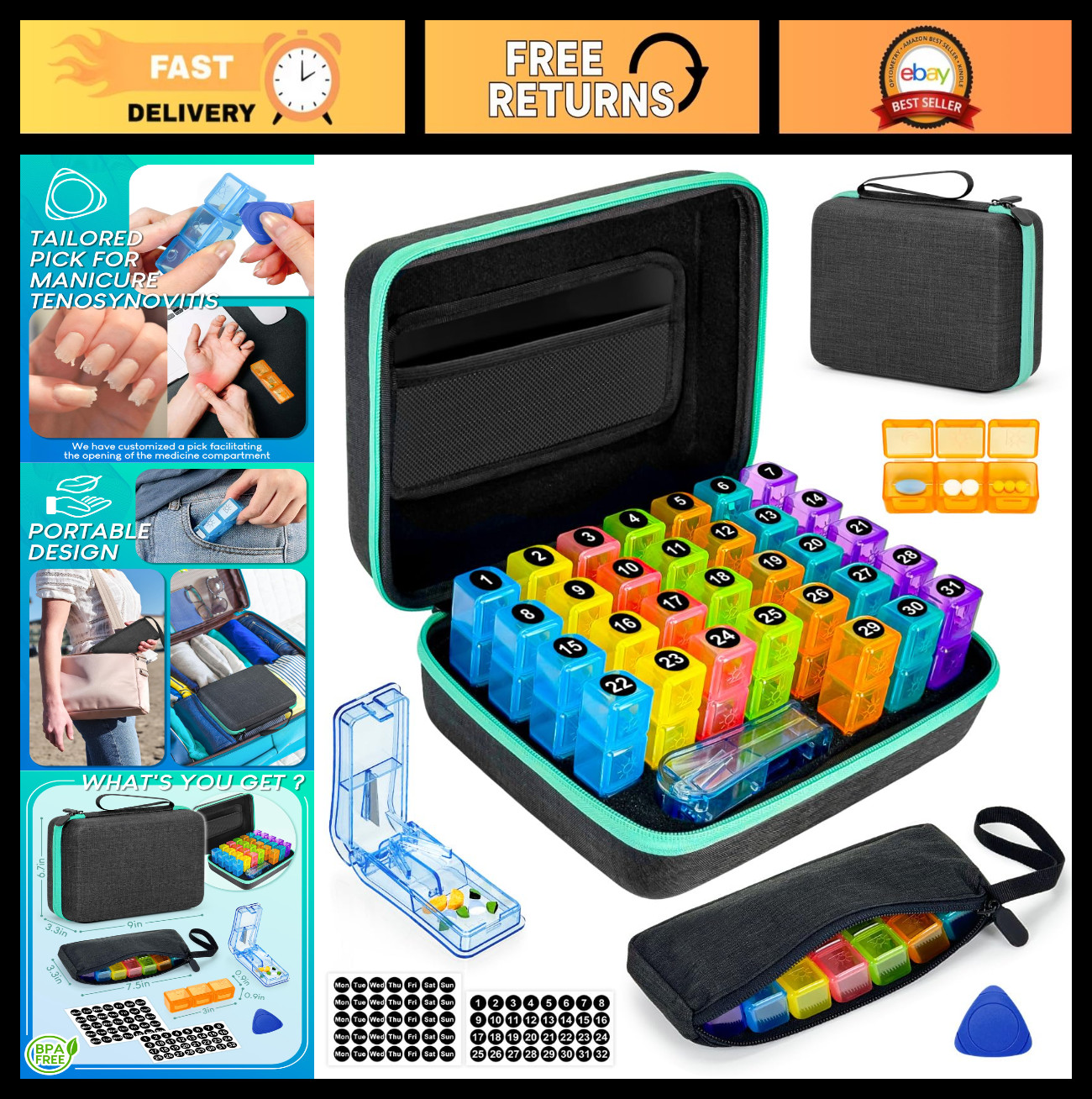 31-Day Pill Organizer, 3x Daily with Hard Shell Case, Pill Cutter & Stickers