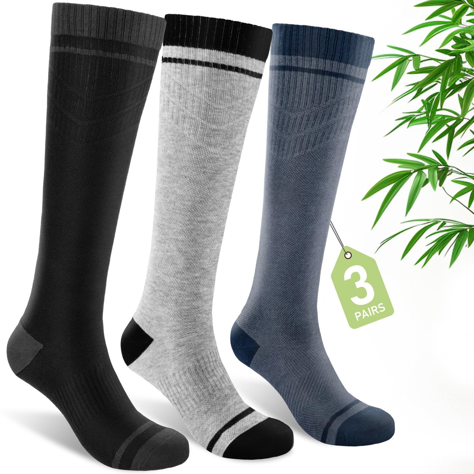 Bamboo Viscose Compression Socks for Women & Men (3 Pairs) 15-20 mmHg Knee Hi