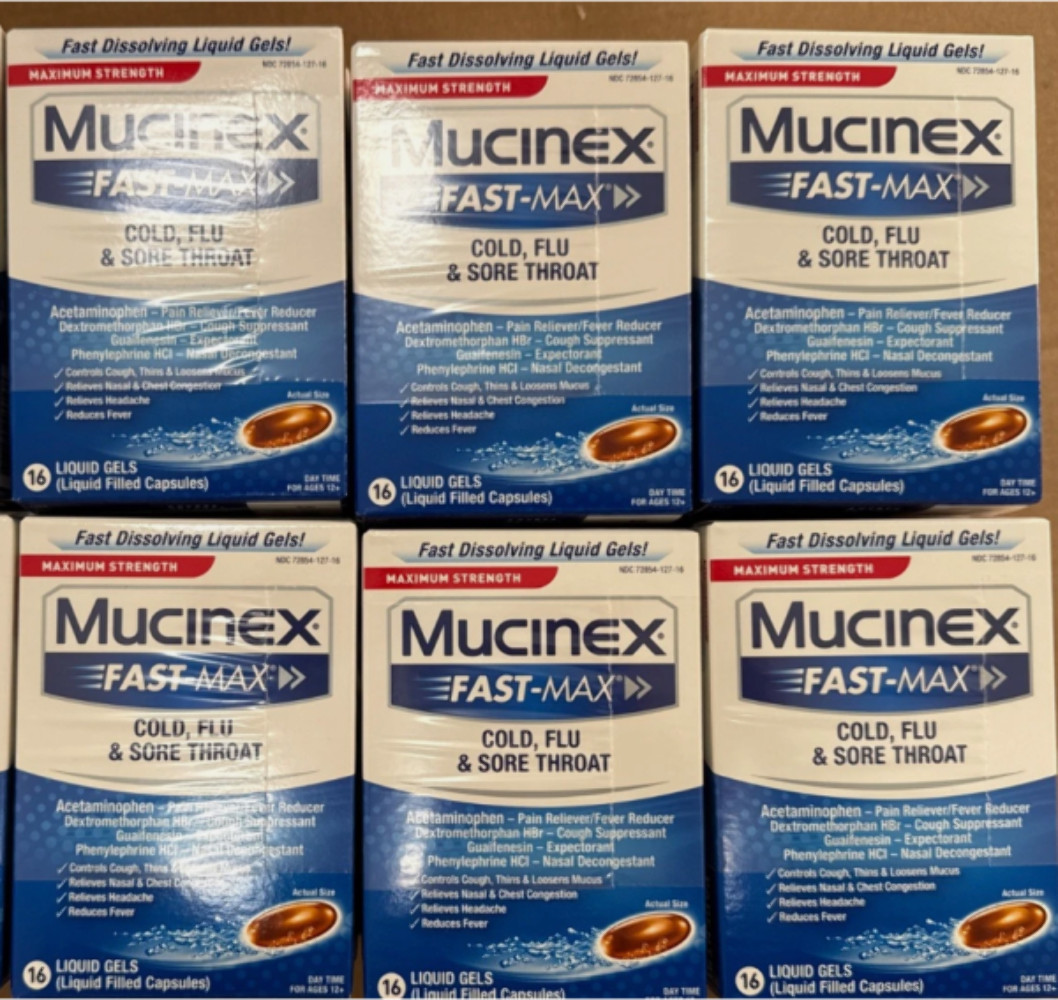 6x Mucinex Fast-Max Maximum Strength Cold, Flu & Sore Throat, 16 Liquid Gels