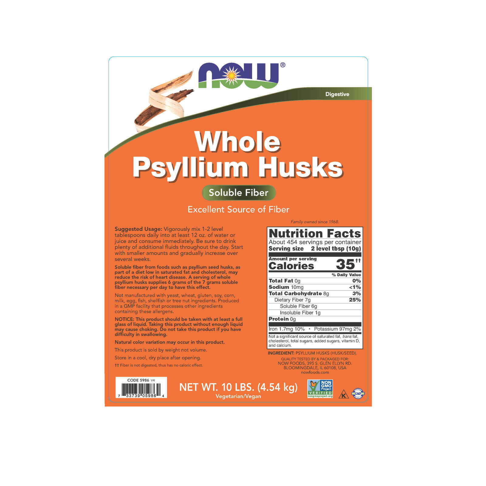NOW FOODS Psyllium Husks Whole 160 oz 10 lbs.