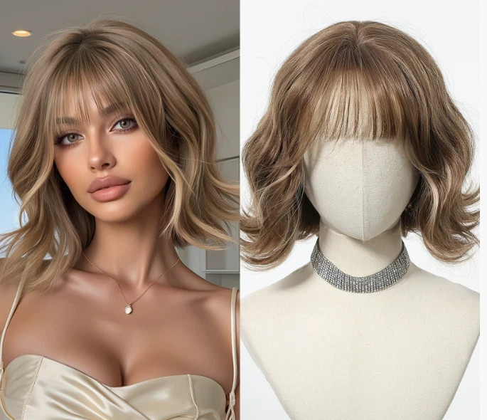 Brown Bob Wig with Bangs Short Wig for Women Girls’ Party Halloween Wig Costume