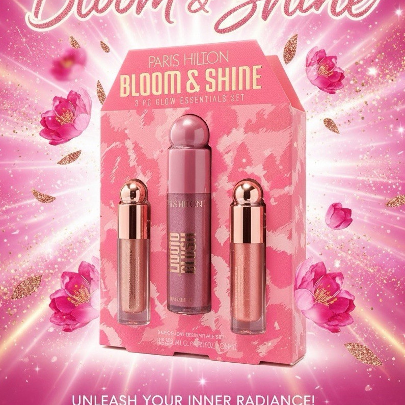 Paris Hilton Bloom & Shine 3 Pc Glow Essentials Set Blush Lip Oil Highlighter