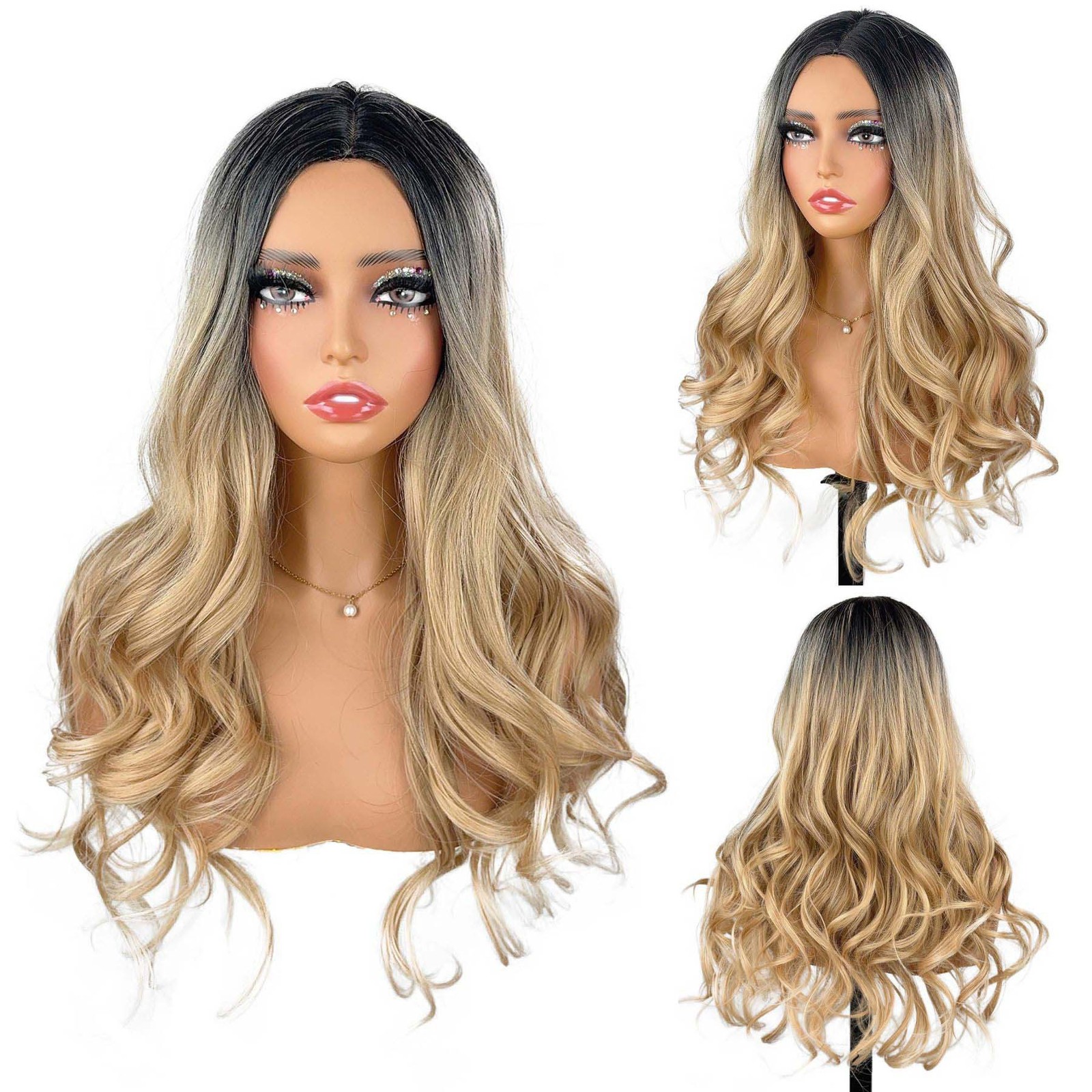22in Black to Gold Ombre Wavy Wig Center Part Heat Resistant Synthetic Party