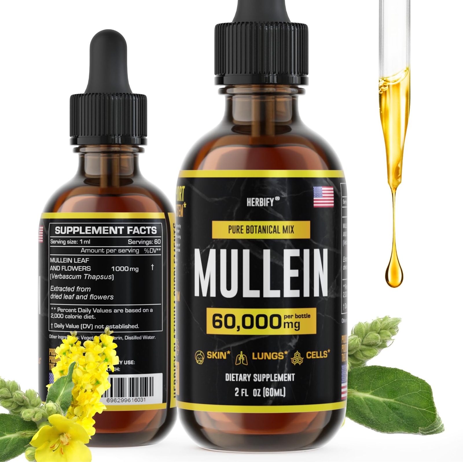 HERBIFY Mullein Extract Tincture 2oz Respiratory Support Leaf Flower