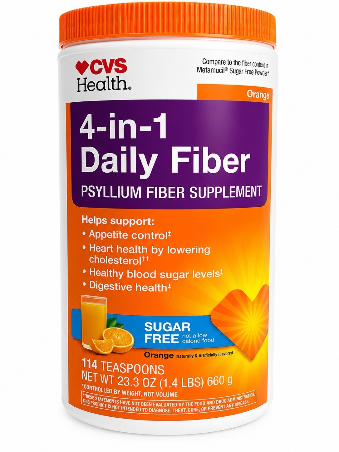 CVS 4 In 1 Daily Fiber Psyllium Supplement Orange Sugar Free 10 oz Exp. 11/2027