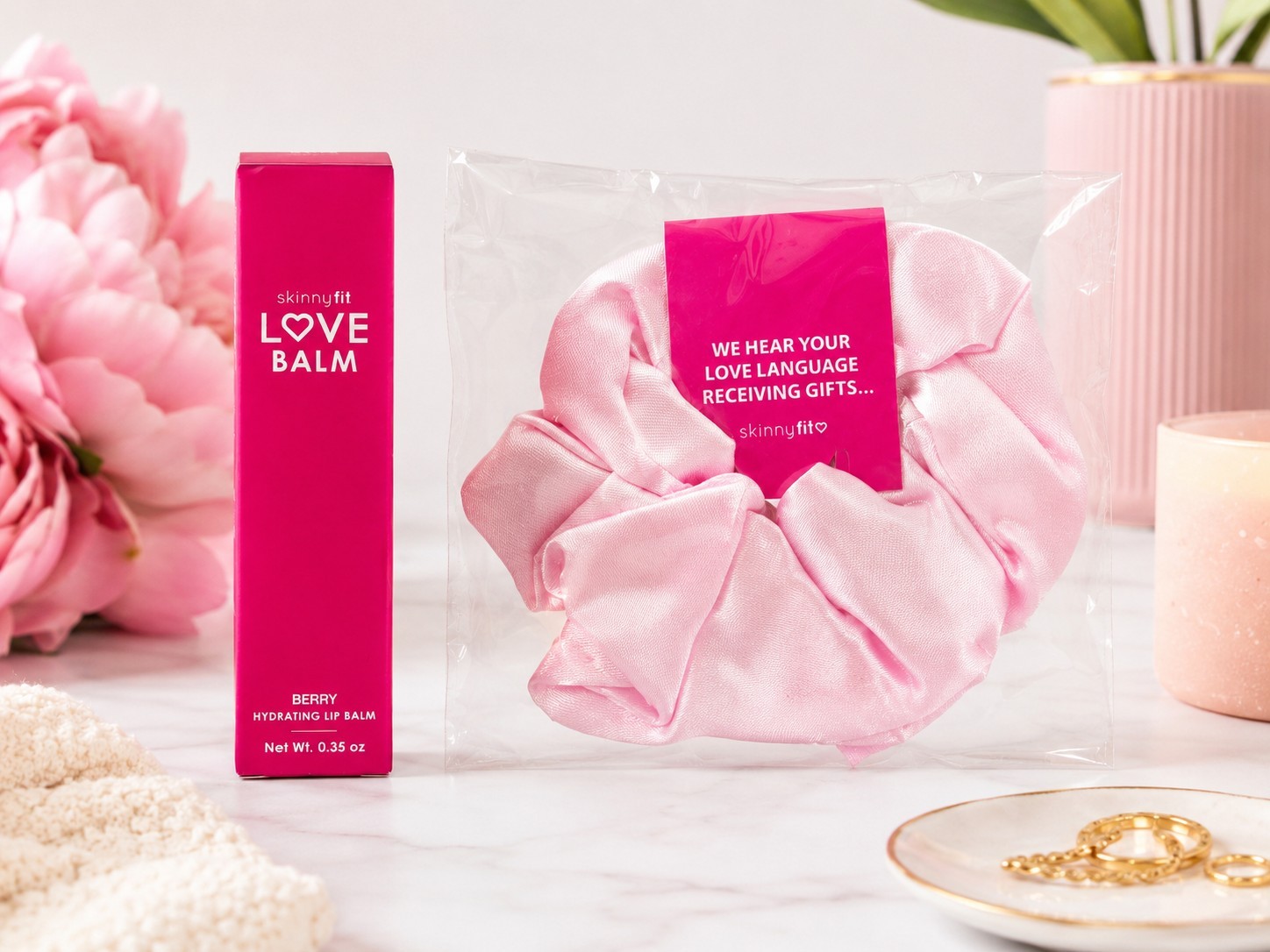 SkinnyFit Love Balm Berry Hydrating Lip Balm + Pink Satin Scrunchie Gift Set NIP